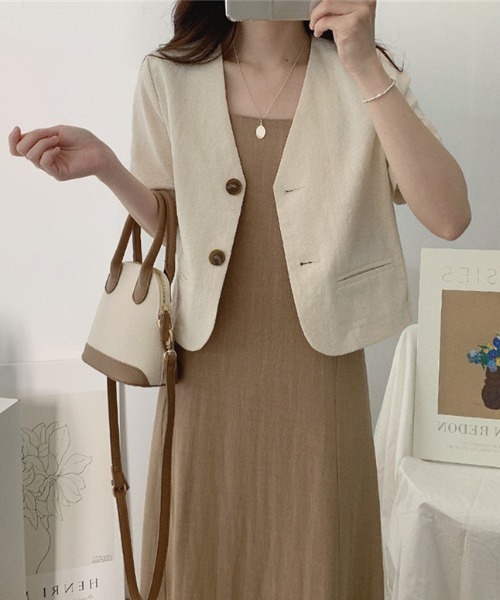 ECLIN（エクラン）の「麻ライク半袖ノーカラージャケット（ノーカラージャケット・レディース・カーキ/ブラック/ベージュ/ホワイト・M/L/XL）」の14枚目の写真