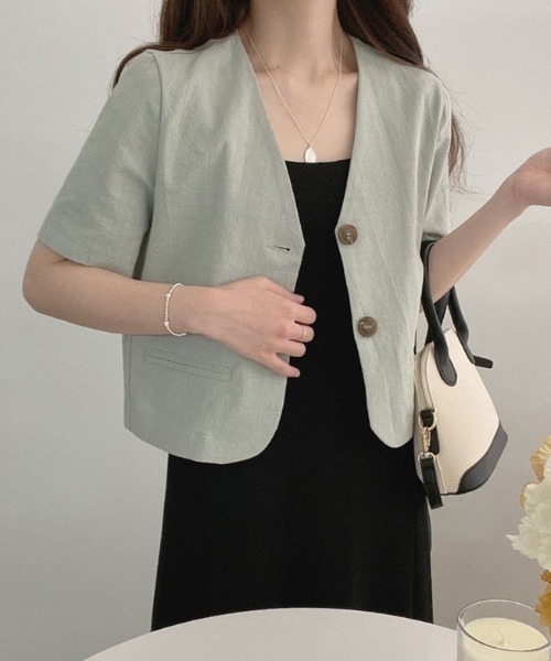 ECLIN（エクラン）の「麻ライク半袖ノーカラージャケット（ノーカラージャケット・レディース・カーキ/ブラック/ベージュ/ホワイト・M/L/XL）」の12枚目の写真