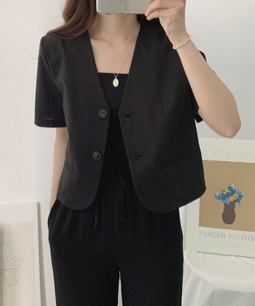 ECLIN（エクラン）の「麻ライク半袖ノーカラージャケット（ノーカラージャケット・レディース・カーキ/ブラック/ベージュ/ホワイト・M/L/XL）」の7枚目の写真