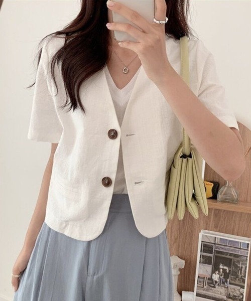 ECLIN（エクラン）の「麻ライク半袖ノーカラージャケット（ノーカラージャケット・レディース・カーキ/ブラック/ベージュ/ホワイト・M/L/XL）」の5枚目の写真