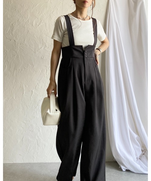 She's Closet（シーズクローゼット）の「ハイウエストコルセットデザインサスペンダー付きオールインワンワイドパンツキャミサロペット（サロペット/オーバーオール・レディース・ブラック/チャコールグレー・FREE）」の6枚目の写真