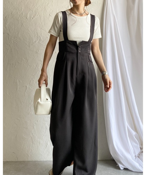 She's Closet（シーズクローゼット）の「ハイウエストコルセットデザインサスペンダー付きオールインワンワイドパンツキャミサロペット（サロペット/オーバーオール・レディース・ブラック/チャコールグレー・FREE）」の7枚目の写真