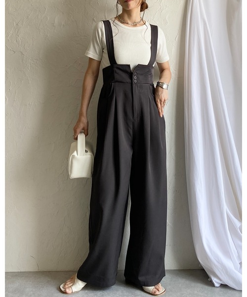 She's Closet（シーズクローゼット）の「ハイウエストコルセットデザインサスペンダー付きオールインワンワイドパンツキャミサロペット（サロペット/オーバーオール・レディース・ブラック/チャコールグレー・FREE）」の9枚目の写真