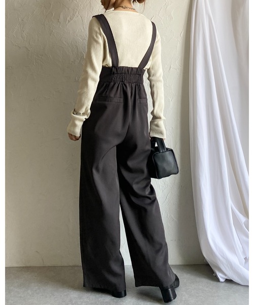 She's Closet（シーズクローゼット）の「ハイウエストコルセットデザインサスペンダー付きオールインワンワイドパンツキャミサロペット（サロペット/オーバーオール・レディース・ブラック/チャコールグレー・FREE）」の11枚目の写真