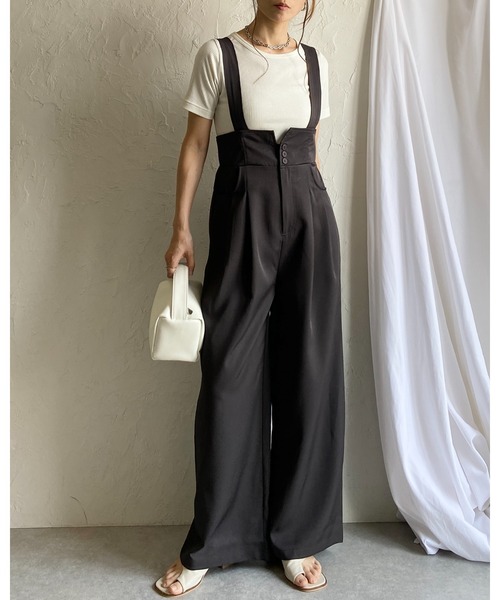 黒 ハイウエストコルセットデザイン サスペンダー付きオールインワンサロペット She's Closet サロペット オーバーオール ハイウエスト
