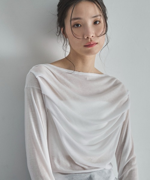 feepur（フェピュール）の「ギャザーボートネックシアーロンTee（Tシャツ/カットソー・レディース・ブラック/グレー/オフホワイト・MEDIUM）」の2枚目の写真