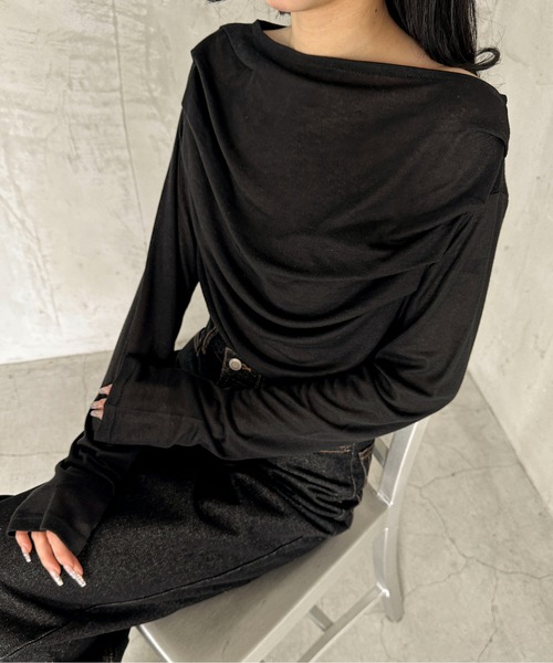 feepur（フェピュール）の「ギャザーボートネックシアーロンTee（Tシャツ/カットソー・レディース・ブラック/グレー/オフホワイト・MEDIUM）」の5枚目の写真