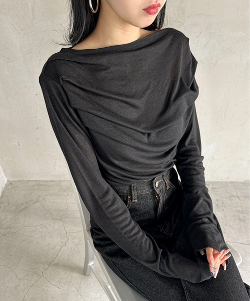 feepur（フェピュール）の「ギャザーボートネックシアーロンTee（Tシャツ/カットソー・レディース・ブラック/グレー/オフホワイト・MEDIUM）」の7枚目の写真