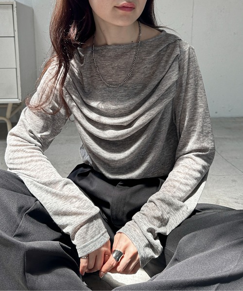 feepur（フェピュール）の「ギャザーボートネックシアーロンTee（Tシャツ/カットソー・レディース・ブラック/グレー/オフホワイト・MEDIUM）」の18枚目の写真