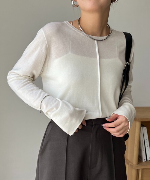 CAPRICIEUX LE'MAGE（カプリシューレマージュ）の「ウール混ニットロンT（ニット/セーター・レディース・グレー/オフホワイト/ベージュ/ブラック・FREE）」の2枚目の写真