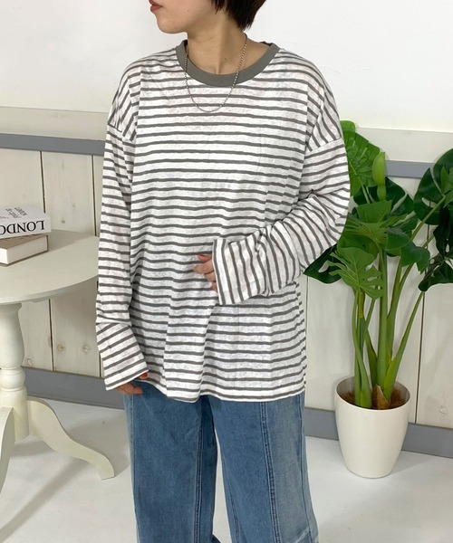 CRB(シーアールビー)の「スラブボーダーロンT(Tシャツ/カットソー・レディース・ブラック/ブルー/ピンク/チャコール・F)」の2枚目の写真