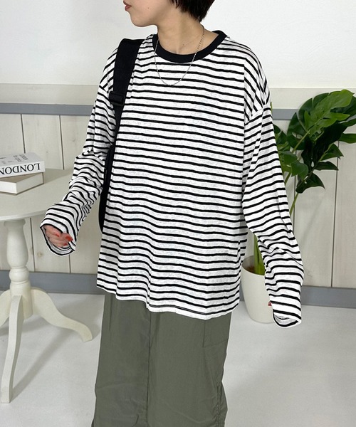 CRB(シーアールビー)の「スラブボーダーロンT(Tシャツ/カットソー・レディース・ブラック/ブルー/ピンク/チャコール・F)」の1枚目の写真