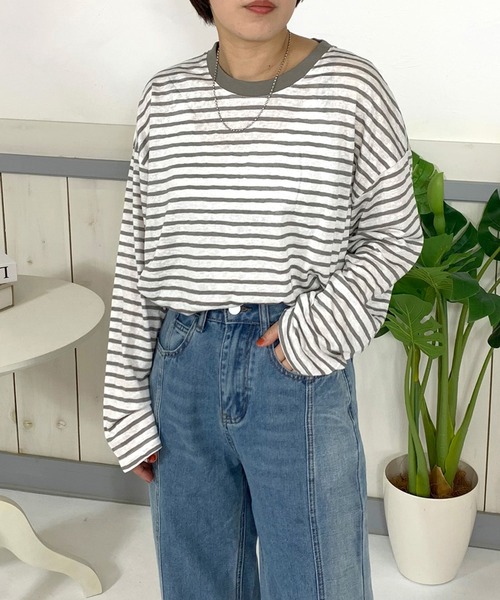 CRB(シーアールビー)の「スラブボーダーロンT(Tシャツ/カットソー・レディース・ブラック/ブルー/ピンク/チャコール・F)」の10枚目の写真