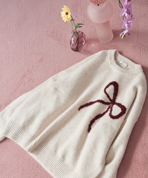 美品【Riu】リボンジャガードニットプルオーバー♡アイボリー♡長袖♡人気完売色 セール】限定展開 ジャガード リボン ニット プルオーバー