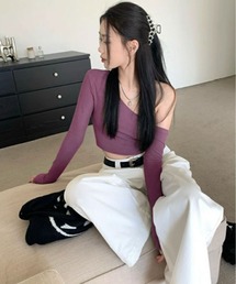 ワンショルダー ショート丈 ロング スリーブ トップス