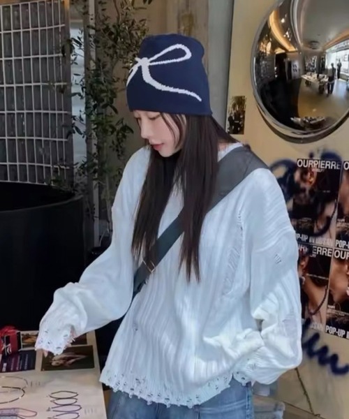 Port（ポート）の「【 antique andico / アンティーク アンディコ 】 グラフィック リボン ニット ビーニー #_（ニットキャップ/ビーニー・レディース・アイボリー/イエロー/ブラック/ライトグレー/チャコールグレー/ネイビー/レッド・FREE）」の6枚目の写真