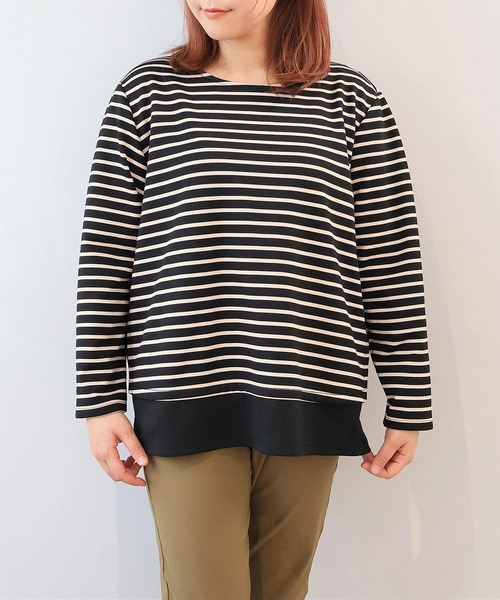 MB mint breeze(エムビーミントブリーズ)の「【L~5L 大きいサイズ】裏起毛 切替えボーダーカットソー(Tシャツ/カットソー・レディース・クリーム/ブラック・3L/4L/5L/LL)」の1枚目の写真
