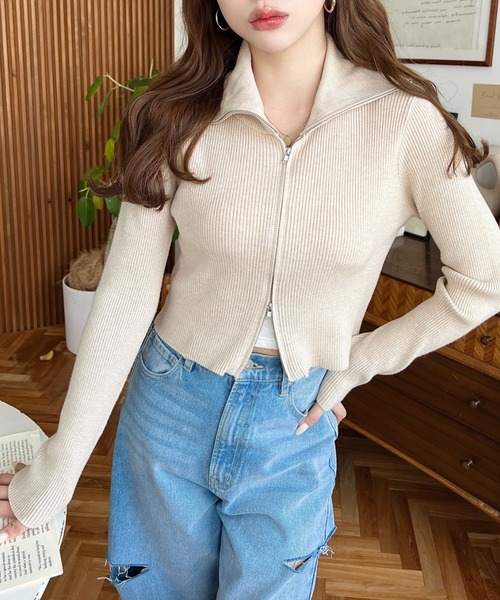 セール】Wジップタートルショート丈リブニットカーディガン