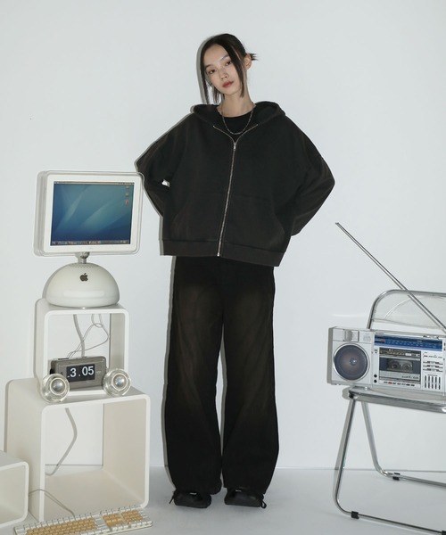 セール】ウォッシュ加工ルーズシルエット ショートメタルジップ