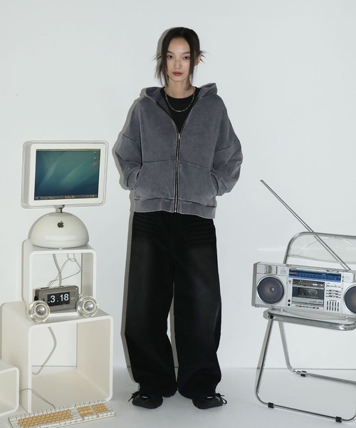 セール】ウォッシュ加工ルーズシルエット ショートメタルジップ