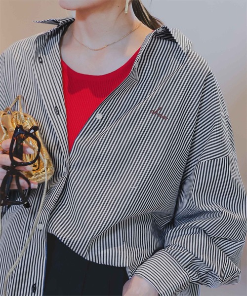 titivate（ティティベイト）の「デザイン刺繍入りストライプオーバーシャツ（シャツ/ブラウス・レディース・ネイビー/ベージュ/ブルー・L/M/S）」の20枚目の写真
