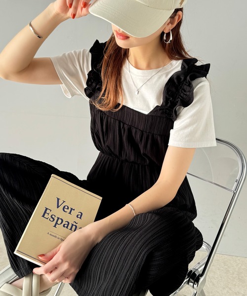 classicalelf(クラシカルエルフ)の「大人っぽ可愛いを叶える!楊柳ストライプ素材フリルギャザーショルダー オールインワンサロペット(サロペット/オーバーオール・レディース・チャコール/ブラック・X-LARGE/SMALL/MEDIUM/LARGE)」の19枚目の写真