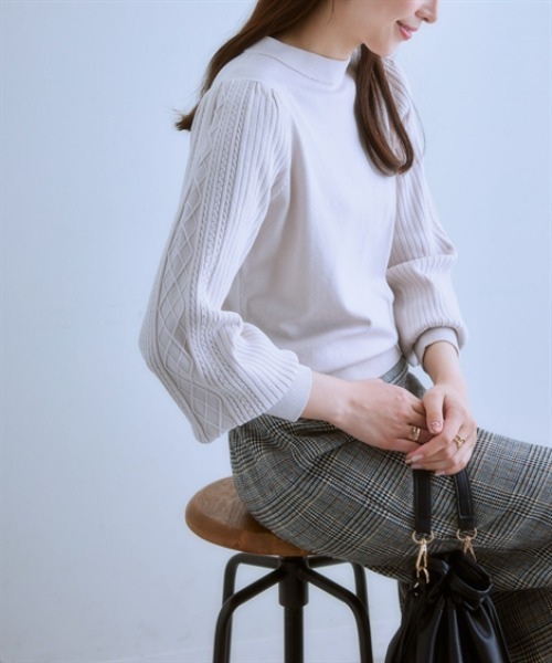 セール】デザイン編み柄パフスリーブニット（静電防止・毛玉になり
