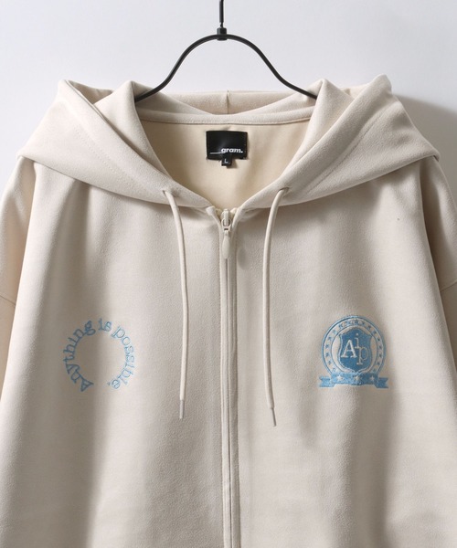 SITRY(シトリー)の「Fake Suede Game Sweat Hoodie/オーバーサイズ ブロークコア ゲームシャツ ユニフォーム フェイクスエード フルジップパーカー フーディー パーカー スウェット レディース メンズ(パーカー・メンズ・チャコール/アイボリー/グレイッシュブルー・L/M)」の8枚目の写真