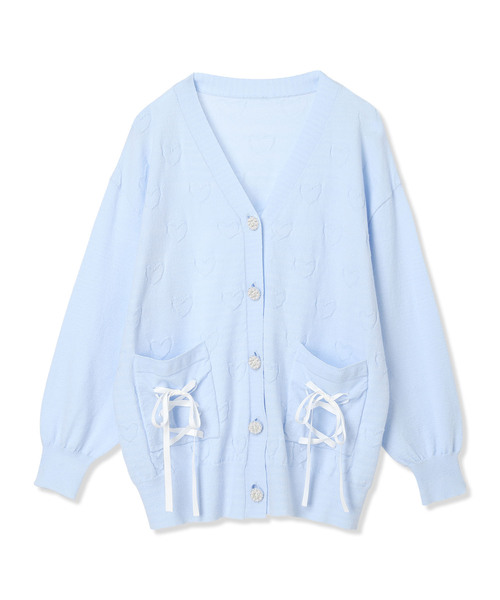 セール】リボンレースアップポケット ハート柄カーディガン