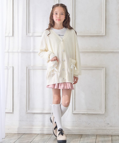 セール】リボンレースアップポケット ハート柄カーディガン