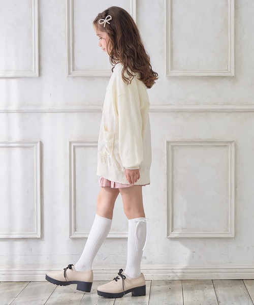 新品 La Pafait ハートリボンカーディガン 白 セール】リボンレースアップポケット ハート柄カーディガン