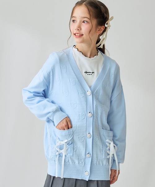 セール】リボンレースアップポケット ハート柄カーディガン
