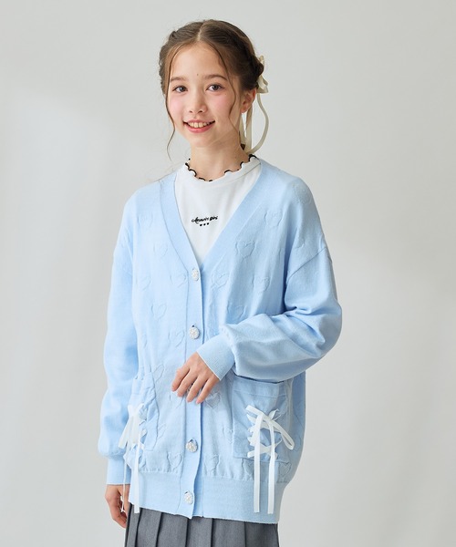 セール】リボンレースアップポケット ハート柄カーディガン