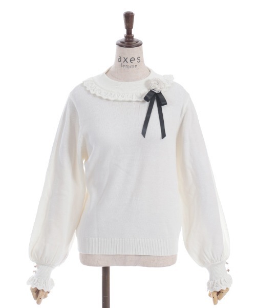 axes femme（アクシーズファム）の「ブローチ付透かしフリルニット（ニット/セーター・レディース・キナリ/グレイッシュベージュ/ネイビー・FREE）」の10枚目の写真