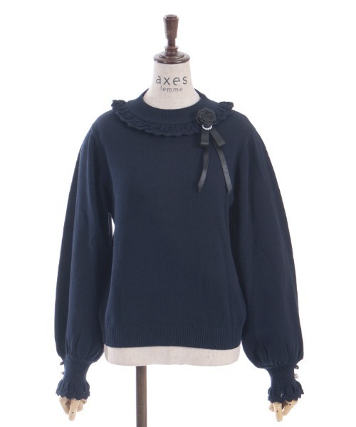 axes femme（アクシーズファム）の「ブローチ付透かしフリルニット（ニット/セーター・レディース・キナリ/グレイッシュベージュ/ネイビー・FREE）」の20枚目の写真