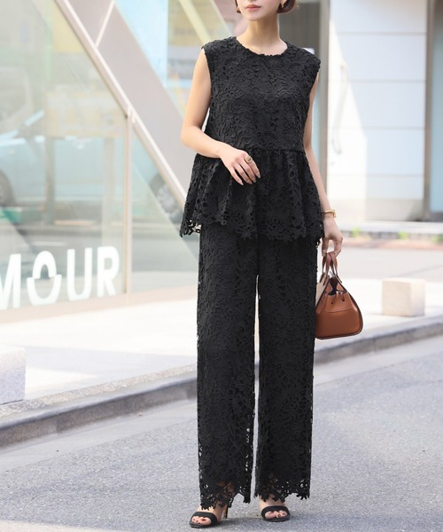 セール】ケミカルレースブラウス・ワイドパンツセットアップ【今季No.1