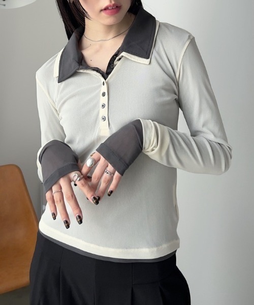 bita.（ビタ）の「シアーポロトップス（Tシャツ/カットソー・レディース・アイボリー/チャコールグレー/ブルー・FREE）」の2枚目の写真