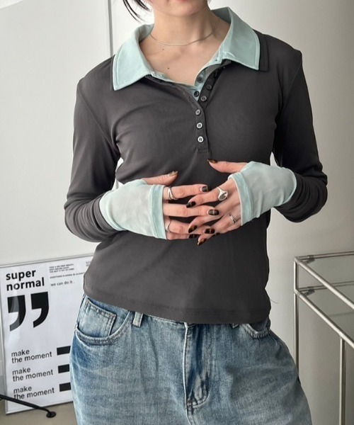 bita.（ビタ）の「シアーポロトップス（Tシャツ/カットソー・レディース・アイボリー/チャコールグレー/ブルー・FREE）」の21枚目の写真