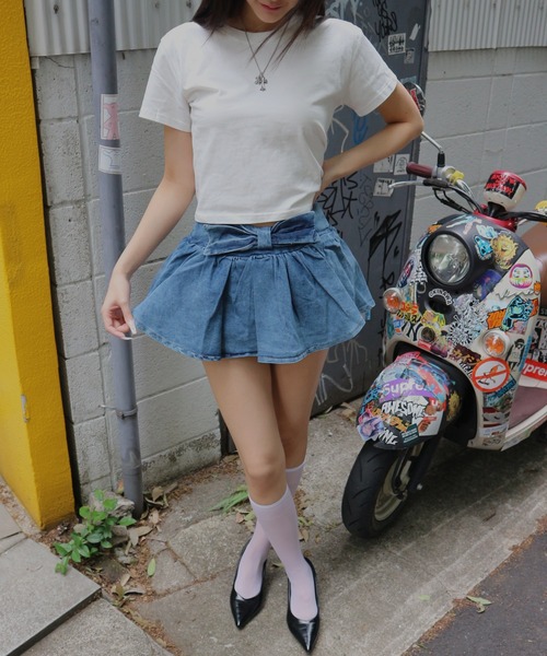 JilLA（ジルア）の「Ribbon Balloon Denim Mini Skirt / リボンバルーンデニムミニスカート（デニムスカート・レディース・ブルー・2/1）」の2枚目の写真