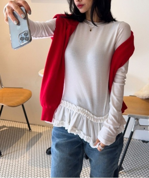 WEGO(ウィゴー)の「WEGO/シンプルタイトフリルトップス(Tシャツ/カットソー・レディース・ホワイト/グレー・LARGE/MEDIUM)」の11枚目の写真