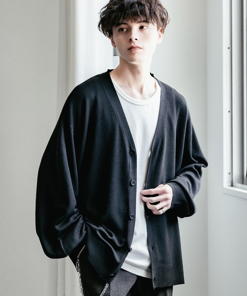 Rocky Monroe（ロッキーモンロー）の「接触冷感 UVカット オーバーサイズ 無地 アーガイル柄 チェック柄 Vネックハイゲージサマーニット長袖カーディガン（カーディガン/ボレロ・メンズ・ブラック系1/ブラック/ネイビー/アイボリー/ブルー/チャコールグレー/ベージュ系/ブラック系/ブルー系・L/M/XL）」の3枚目の写真