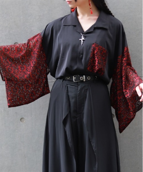 REZEN（リゼン）の「レース切替和袖シャツ（シャツ/ブラウス・メンズ・ライトグレー/レッドパープル/ローズ・LARGE/X-LARGE/MEDIUM）」の3枚目の写真