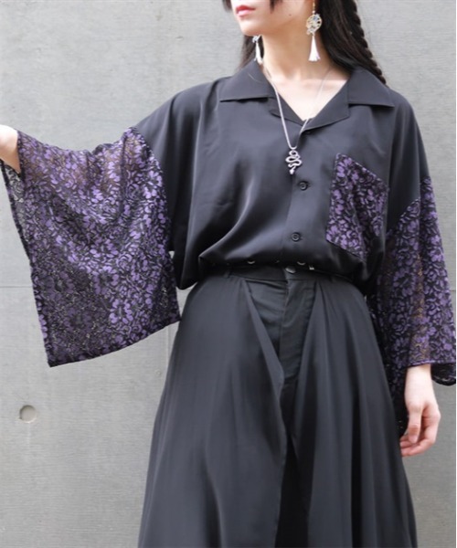 REZEN（リゼン）の「レース切替和袖シャツ（シャツ/ブラウス・メンズ・ライトグレー/レッドパープル/ローズ・LARGE/X-LARGE/MEDIUM）」の2枚目の写真