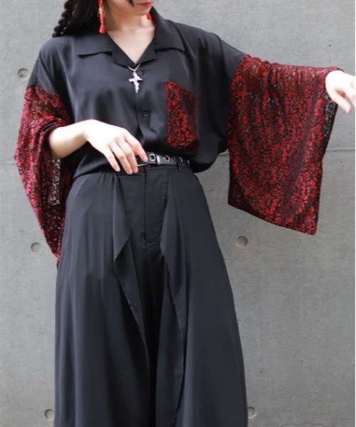 REZEN（リゼン）の「レース切替和袖シャツ（シャツ/ブラウス・メンズ・ライトグレー/レッドパープル/ローズ・LARGE/X-LARGE/MEDIUM）」の8枚目の写真