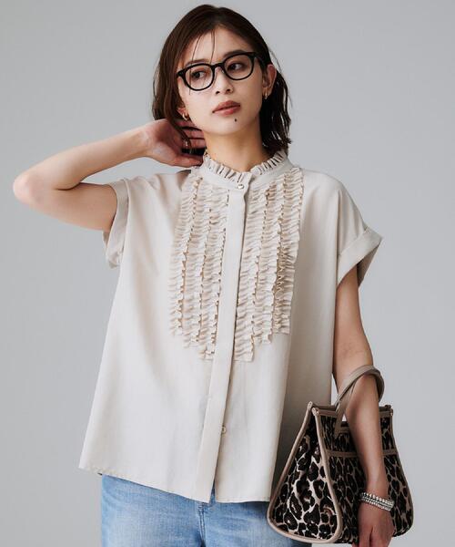 UNTITLEDスタンドネックフリルブラウス【接触冷感/吸水速乾/UVケア】新品 スタンドネックフリルブラウス【接触冷感/吸水速乾/UVケア