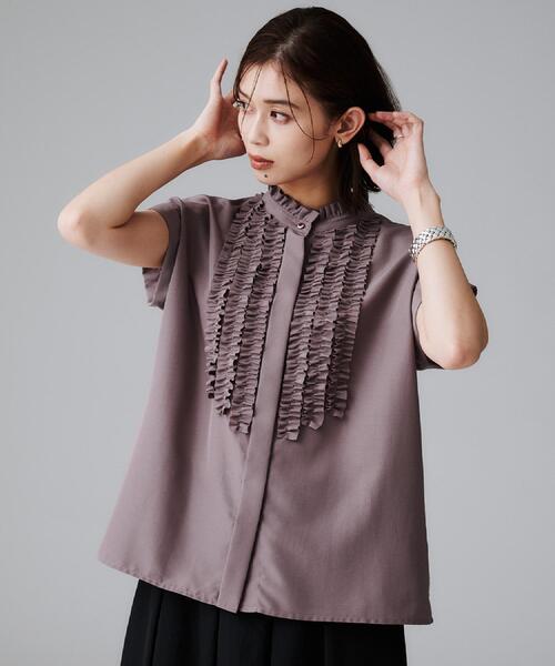 セール】スタンドネックフリルブラウス【吸水速乾/UVケア