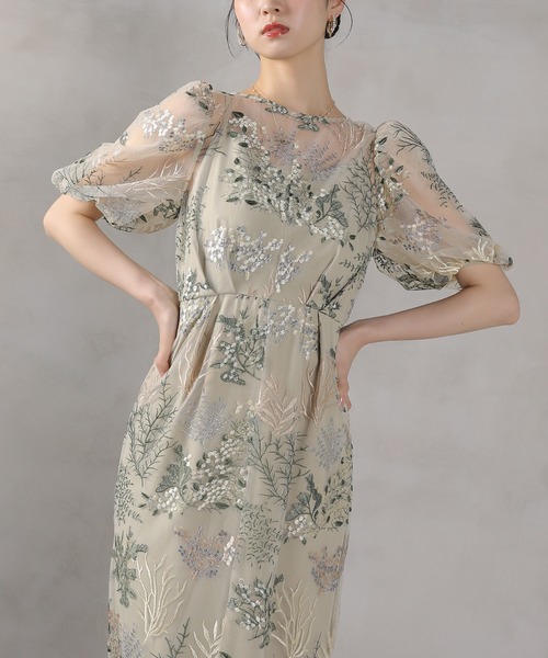 セール】ボタニカル 刺繍 パフスリーブ ワンピース ドレス パーティー