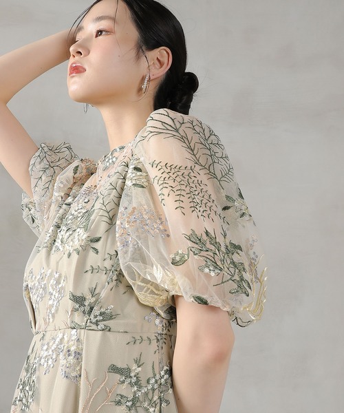 ボタニカル 刺繍 パフスリーブ ワンピース ドレス パーティー