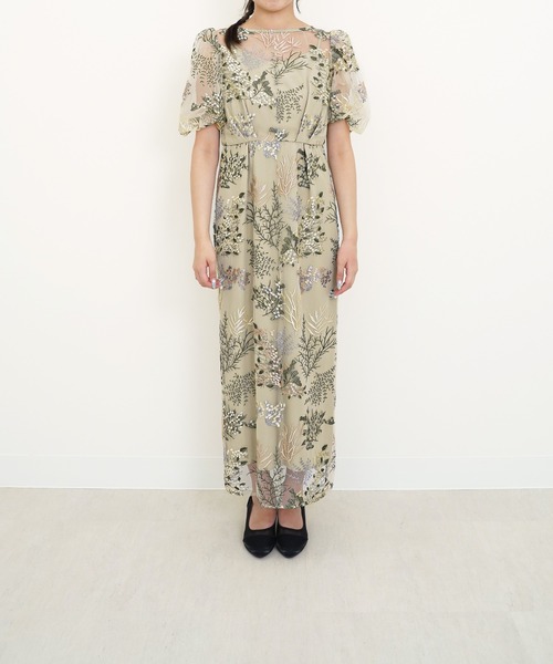 ボタニカル 刺繍 パフスリーブ ワンピース ドレス パーティー 結婚式