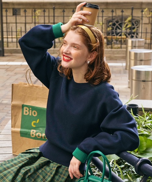 セール】【マシンウォッシャブル】配色ボリュームスリーブスウェット